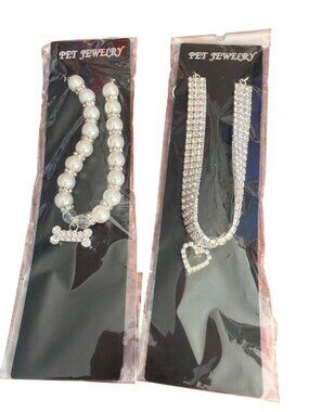 2 Pet Jewelry Rhinestone Faux Pearl Collars Heart Bone Charm Adj Size Small NWT